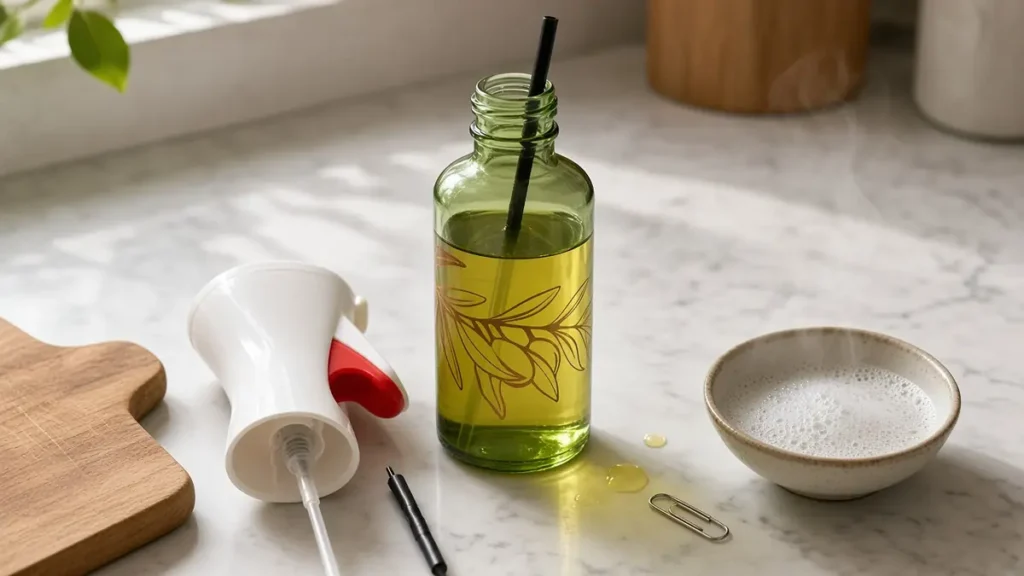 Oil Sprayer Not Working? 9 Fixes That Actually Restore the Mist 7 Disassembled green glass oil sprayer on a marble kitchen counter beside a steaming bowl of hot soapy water, dip tube and a straightened paper clip nearby