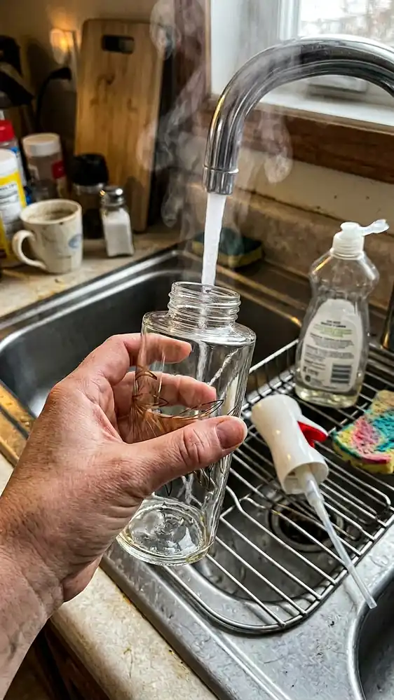 Oil Sprayer Not Working? 9 Fixes That Actually Restore the Mist 3 Filling an opened oil sprayer bottle halfway with hot tap water at the sink, dish soap alongside