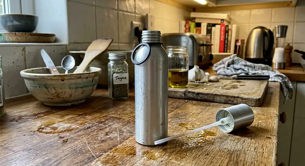 Oil Sprayer Not Working? 9 Fixes That Actually Restore the Mist 7 Black rubber gasket ring removed from an oil sprayer pump assembly, held above the open bottle