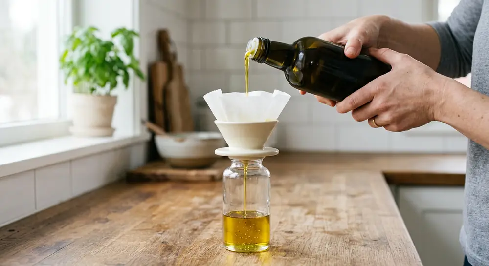 Oil Sprayer Not Working? 9 Fixes That Actually Restore the Mist 8 Olive oil poured through a coffee filter and funnel into a glass oil sprayer bottle