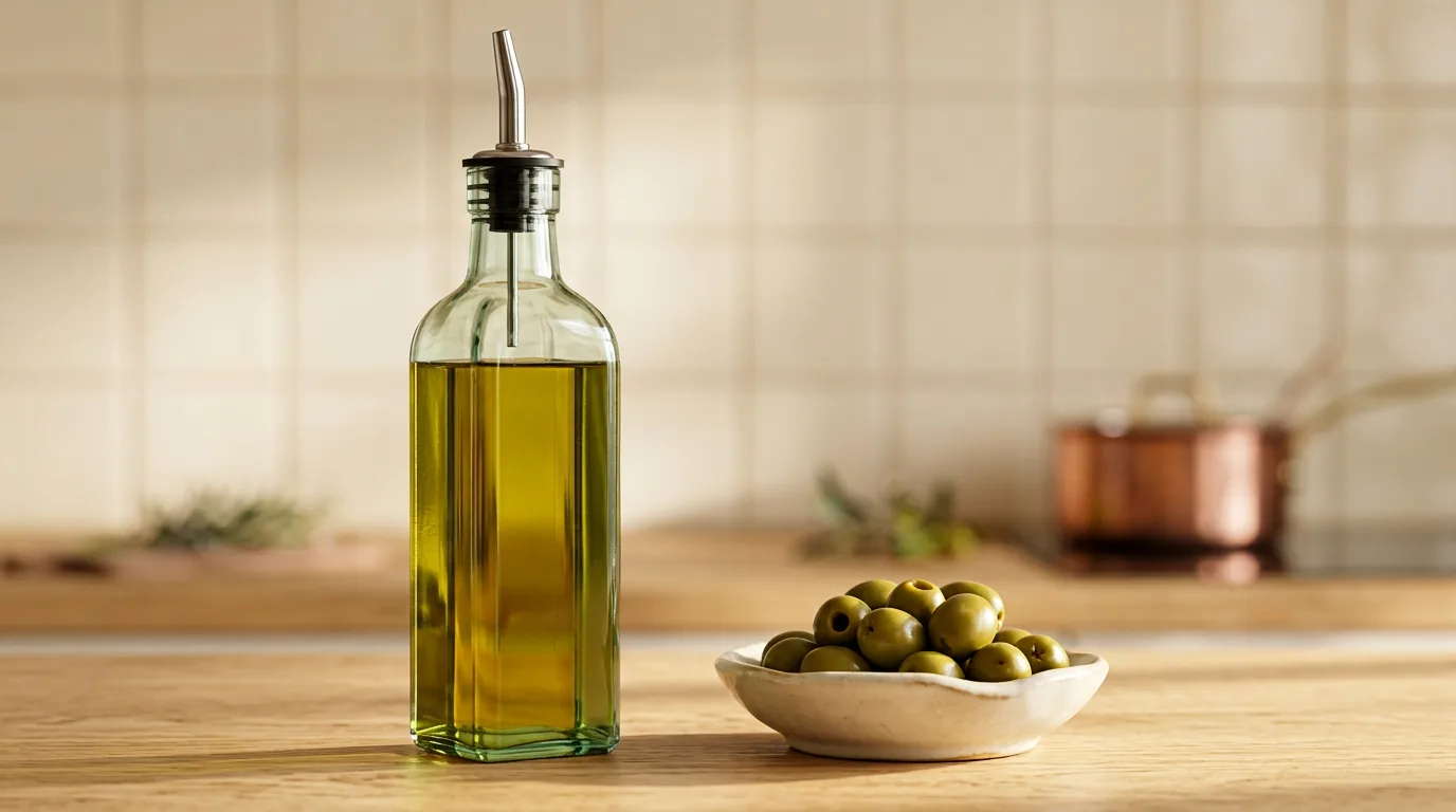 eHomeA2Z Italian glass olive oil dispenser with stainless pour spout on a kitchen bench