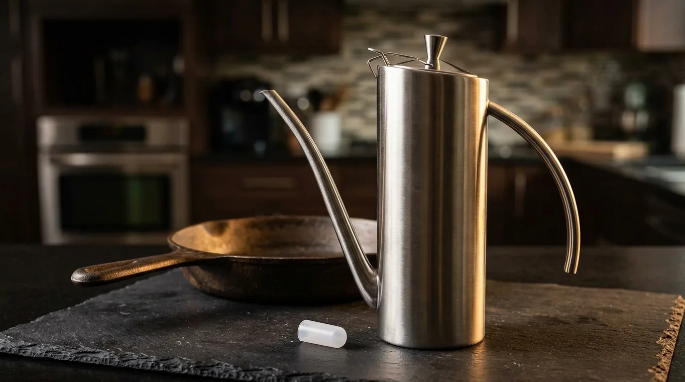 KSENDALO stainless steel olive oil dispenser with gooseneck spout on a kitchen bench
