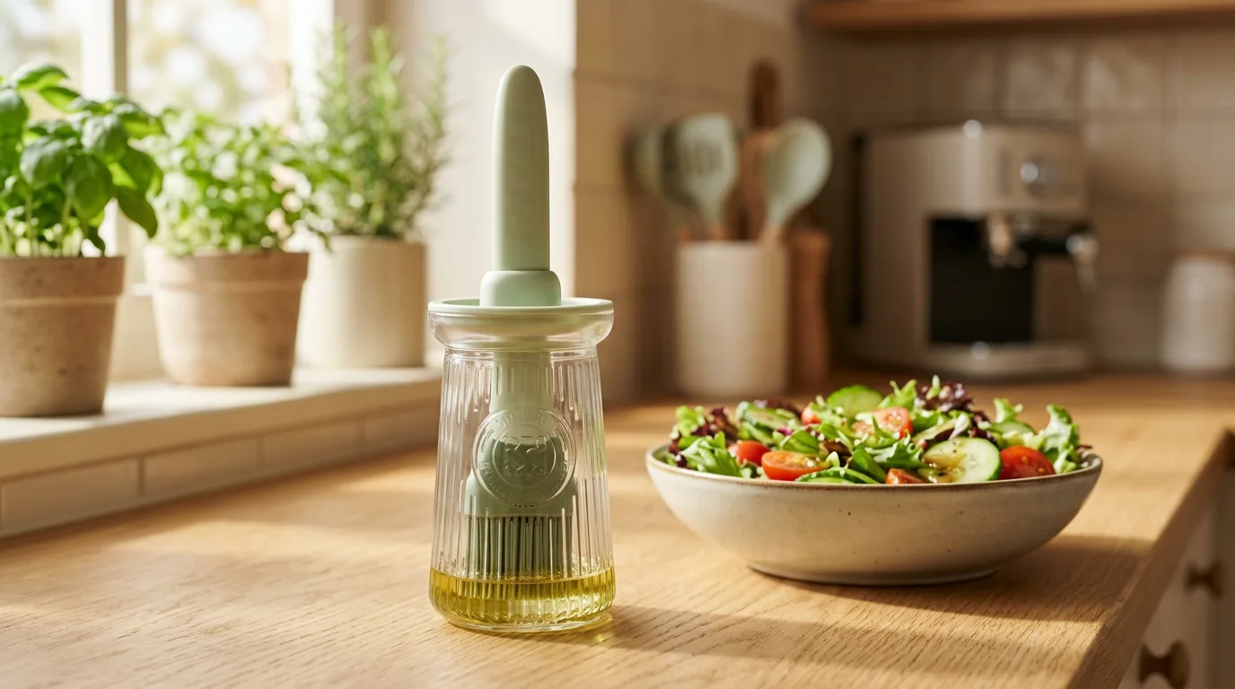 3-in-1 Sage Glass Dispenser with Brush on a kitchen bench